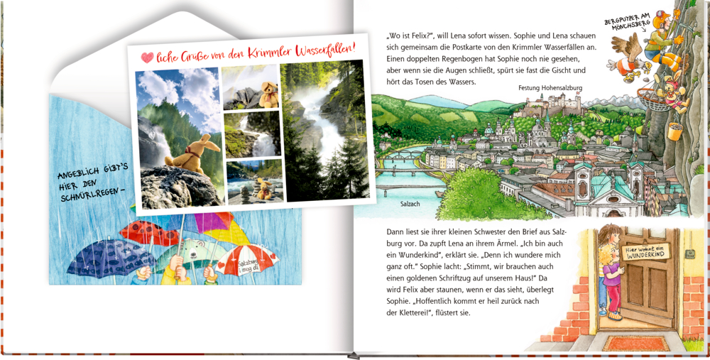 Innenansicht mit Postkarte auf der linken Seite und Figuren die eine Stadt am Flussufer erkunden auf der rechten Seite mit deutschem Text.