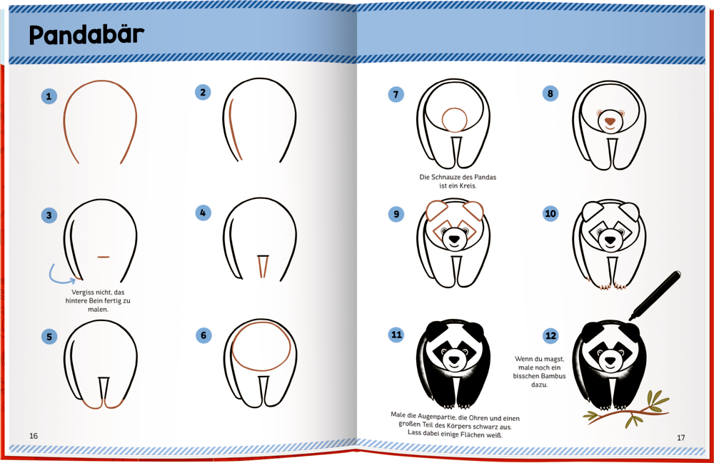 Schritt-für-Schritt-Anleitung zum Zeichnen eines Pandabären mit Bildern und Erklärungen auf einer Seite.