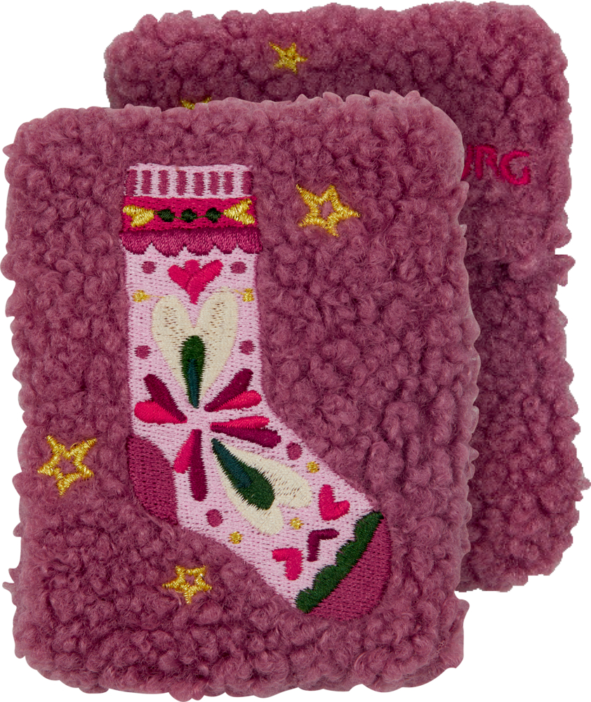 berry, Wärmekissen - Festliche Weihnachten Zwei flauschige, rosafarbene Wärmekissen mit aufgesticktem Weihnachtsstrumpf und goldenen Sternen auf der Vorderseite.