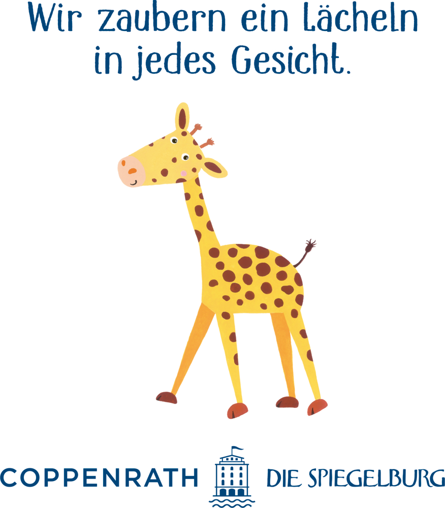 Lächelnde Giraffe und Text "Wir zaubern ein Lächeln in jedes Gesicht".