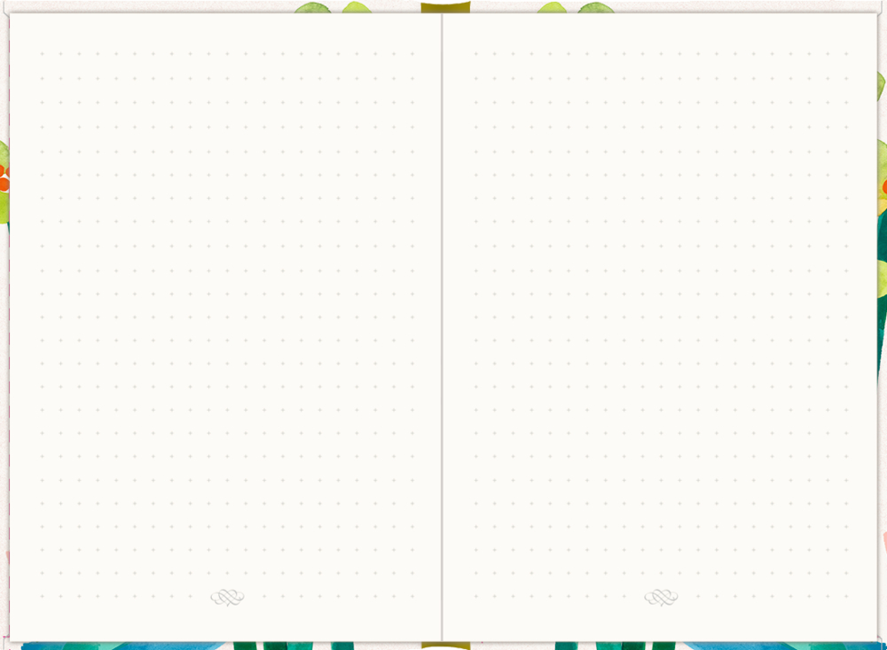 Offenes gepunktetes Notizbuch mit farbigem Blumenrand um die leeren Seiten.