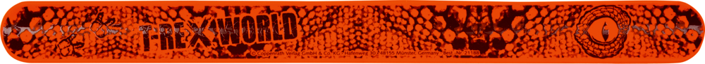 Oranges Armband mit schwarzem Echsen-Muster, T-REX WORLD-Aufdruck und rundem Dino-Logo rechts.
