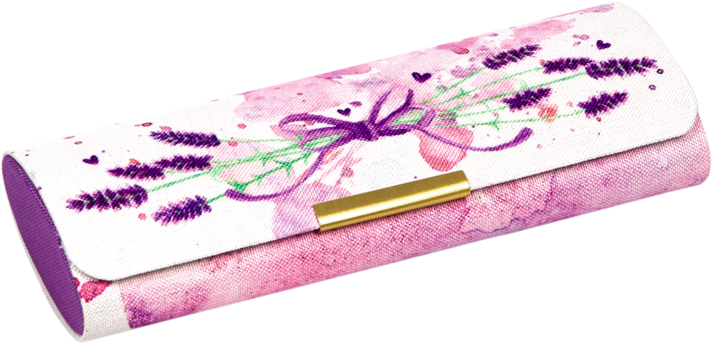 Rechteckiges rosa Brillenetui mit lila Blumen, Schleifendetail und goldenem Verschluss, Aquarell-Optik.
