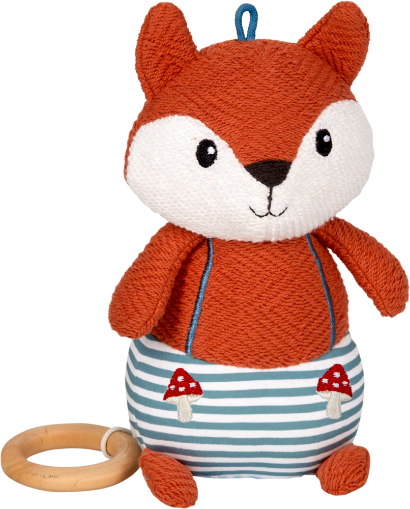 Fuchsspielzeug aus Stoff mit hellblau-weiß gestreifter Hose, Fliegenpilzdetails und einem mit einer Schnur befestigten Holzring.