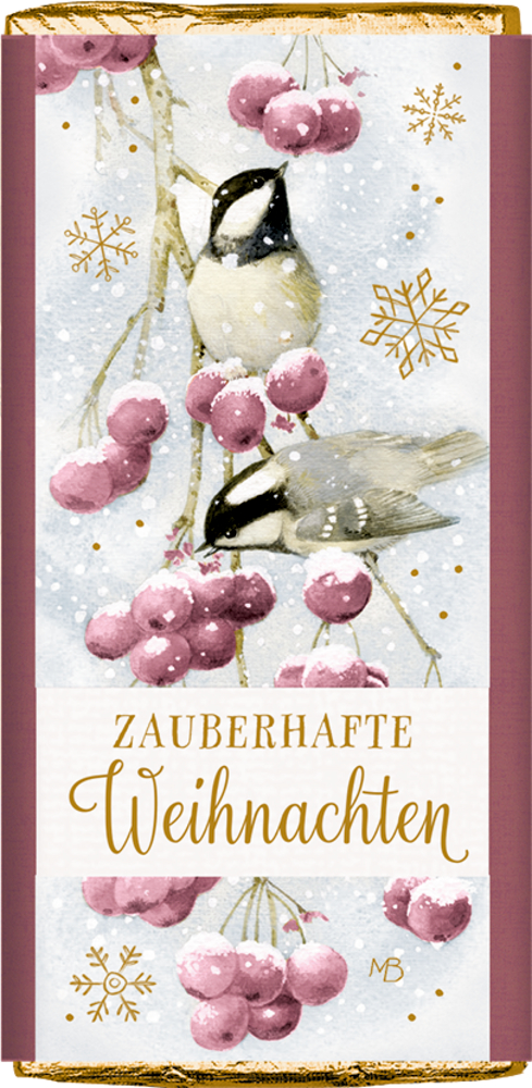 Verpackung mit zwei Meisen auf Schneebeerenzweigen, goldenen Schneeflocken und dem Text „Zauberhafte Weihnachten“.