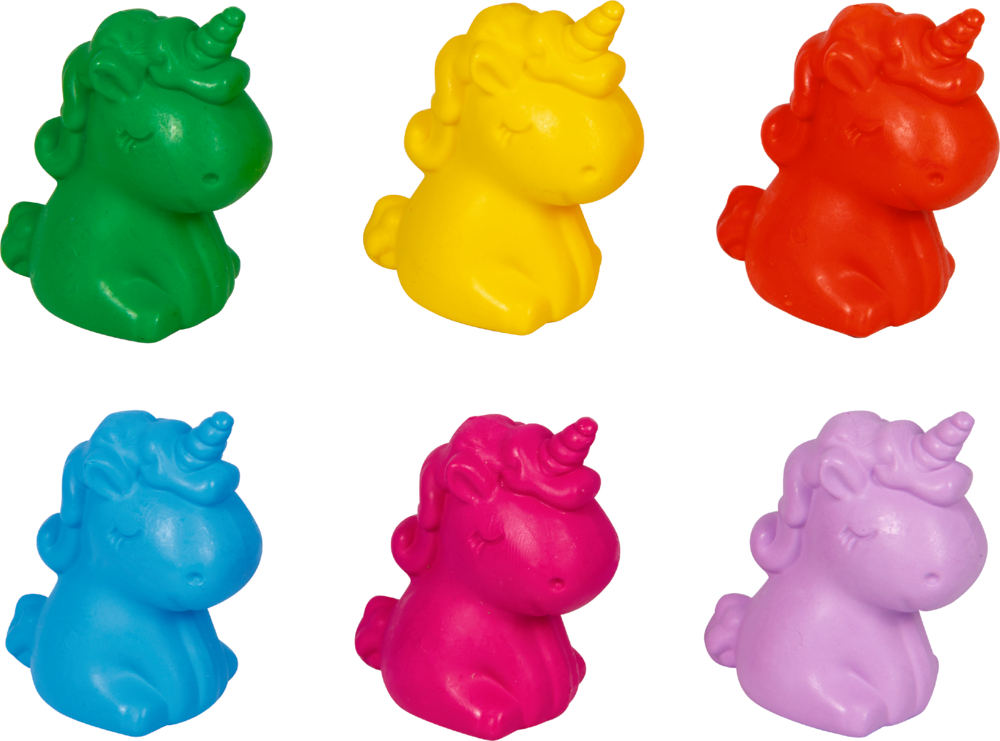 Auf weißem Hintergrund sind sechs Einhornfiguren in Grün, Gelb, Rot, Blau, Rosa und Lila abgebildet.