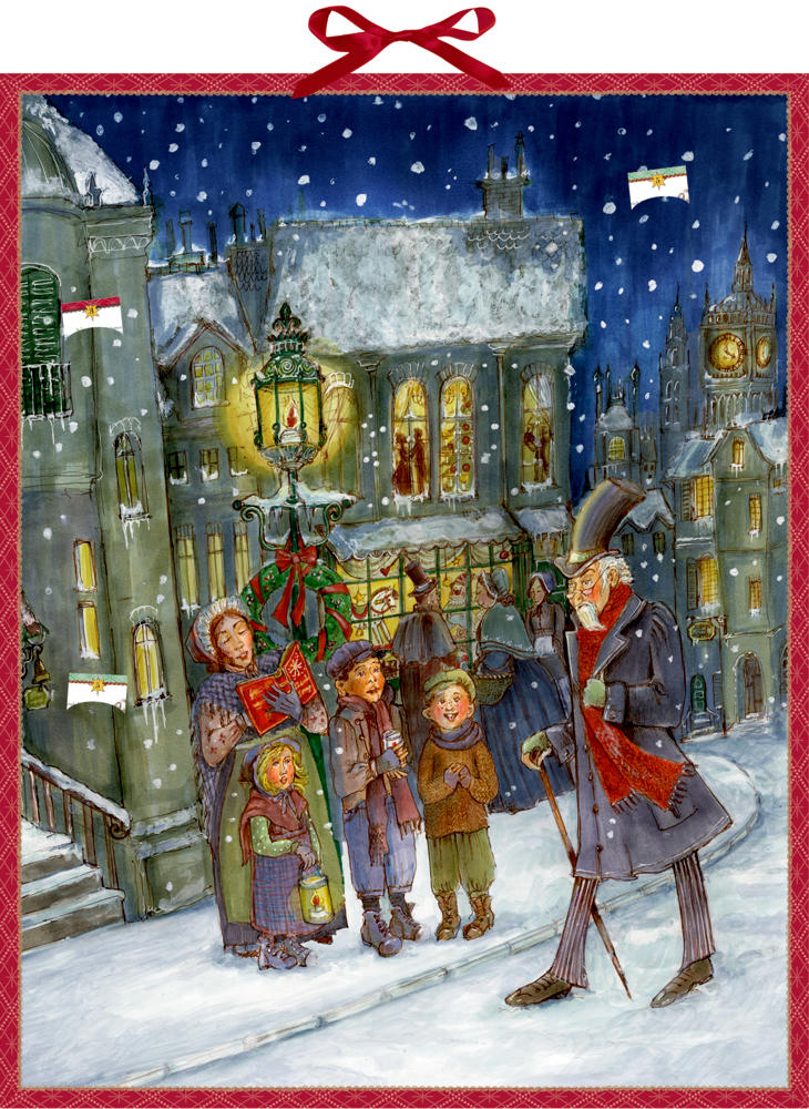 Die Weihnachtsgeschichte von Charles Dickens, Zettel-Adventskalender Viktorianische Szenerie: Sänger singen im Schnee vor beleuchteten Häusern für einen älteren Herrn.