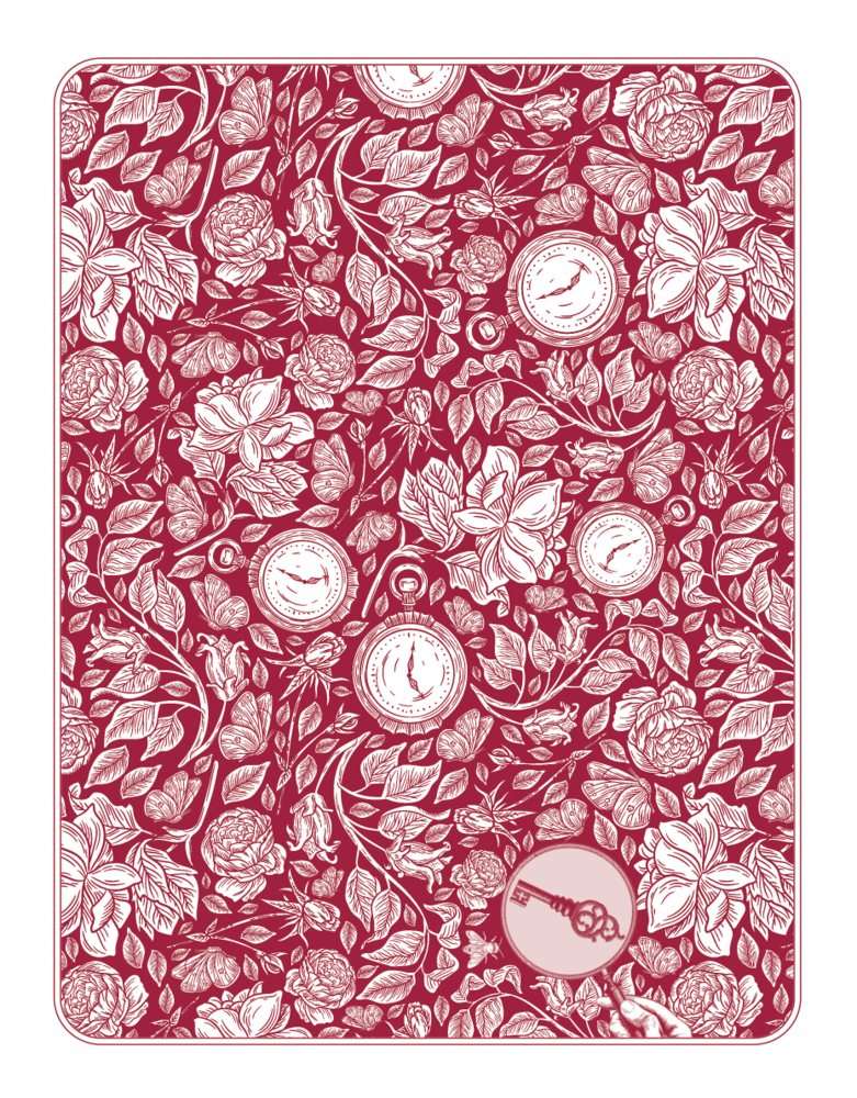 Rote Kartenrückseite mit Kompassen, Rosen, Blättern und einem Schlüssel in der unteren rechten Ecke.