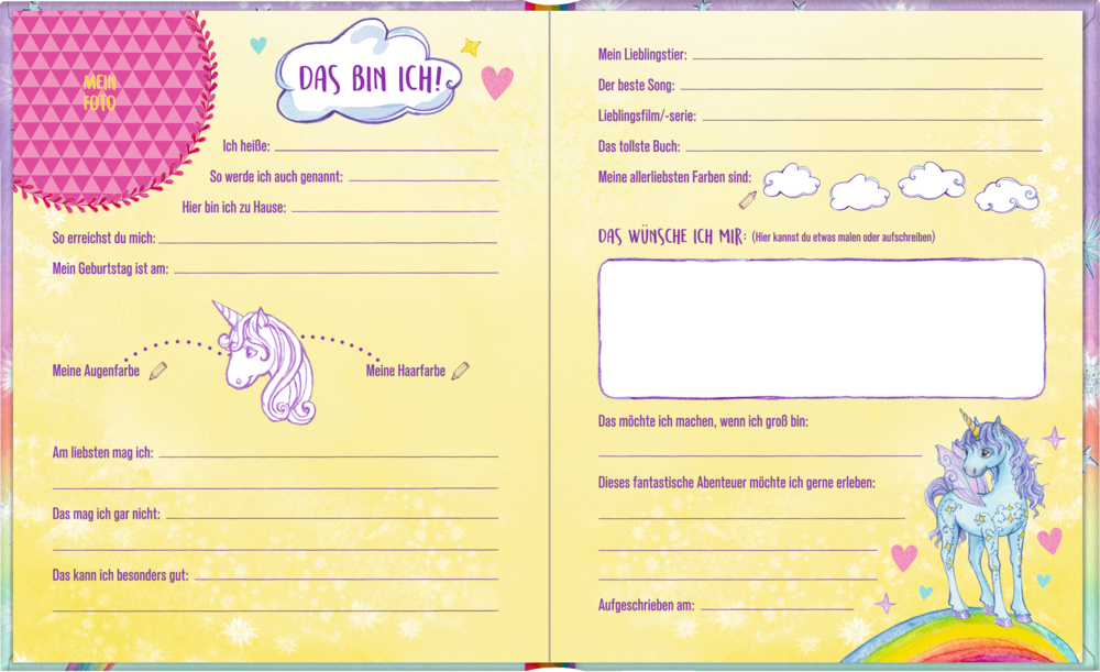 Freundebuchseiten mit Einhornmotiven und Anregungen für Lieblingsdinge, Wünsche und persönliche Details.