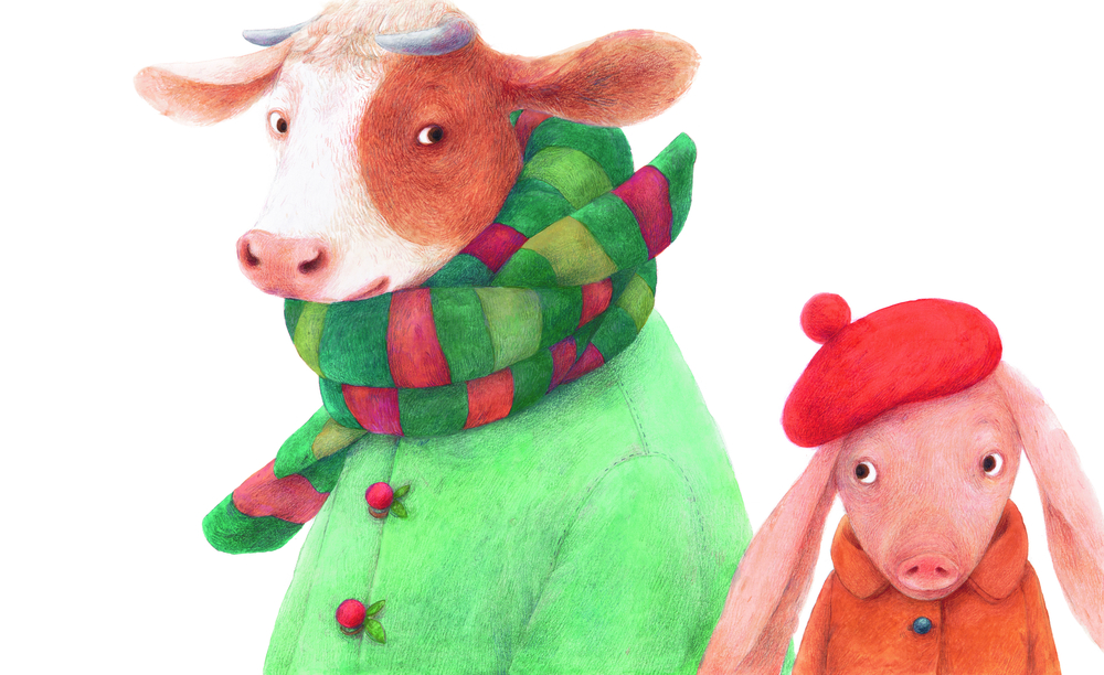 Eine Kuh mit grünem Mantel und Schal steht neben einem Ferkel mit roter Baskenmütze und braunem Mantel.