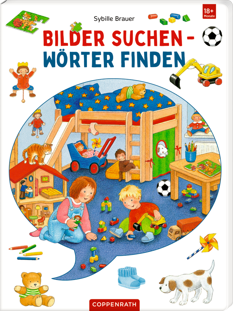 Bilder suchen - Wörter finden Kinder spielen in einem farbenfrohen Spielzimmer mit Spielzeug, einer Rutsche und Tieren, auf dem Cover von "Bilder suchen -Wörter finden".