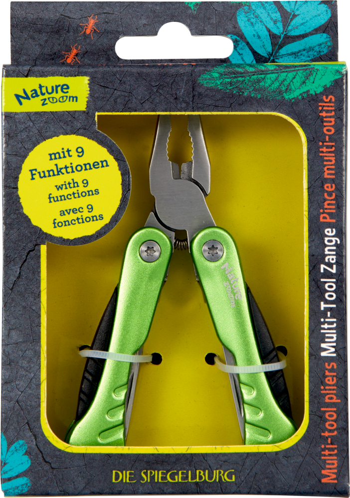 Grüne Nature Zoom Multitool-Zange in Verpackung, auf der Schachtel mit der Aufschrift „9 Funktionen“ gekennzeichnet.