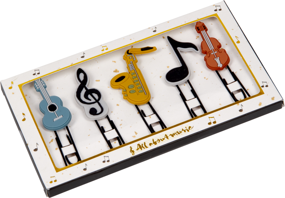 Deko-Klammern - All about music 5 instrumentenförmige Büroklammern in einer Verpackung mit Sichtfenster.