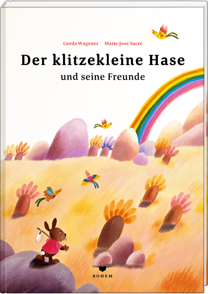 Der klitzekleine Hase und seine Freunde Ein kleines braunes Kaninchen läuft durch ein buntes Feld mit Vögeln, Hügeln und einem Regenbogen.