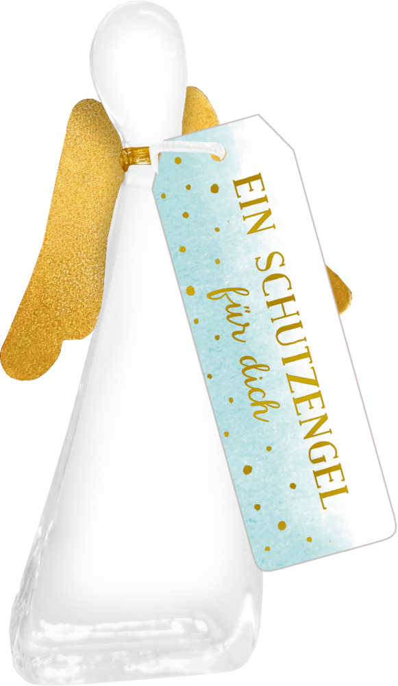Glasengel - Dein Schutzengel ist immer bei dir Engelsfigur aus Glas mit goldenen Flügeln und einem Etikett mit der Aufschrift „Ein Schutzengel für dich“ auf Deutsch.
