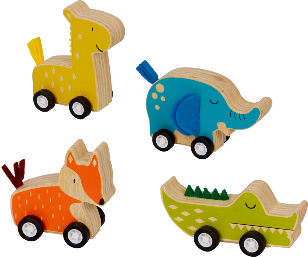 Tier mit Rückziehmotor - Bunte Geschenke Vier bunten Holzspielzeugtiere auf Rädern: Giraffe, Elefant, Fuchs und Krokodil.