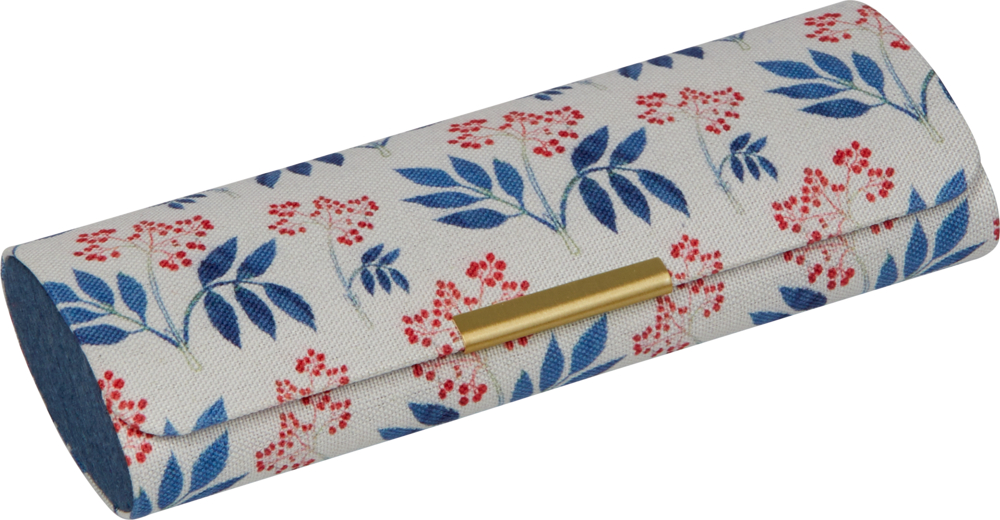 Weißes Brillenetui mit rot-blauem Blumenmuster und goldenem Verschluss.