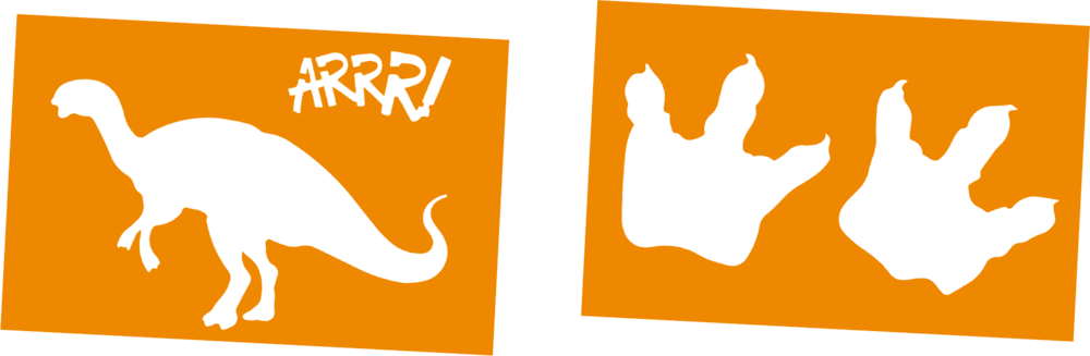 Zwei orangefarbene Schalblonen mit Dino-Motiven.