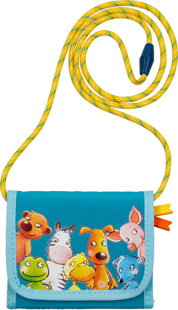 Brustbeutel - Die lieben Sieben (nachhaltig aus recyceltem Polyester) Blauer Kinderbrustbeutel mit gelbem Riemen und sechs Comic-Tierfiguren auf der Vorderklappe.