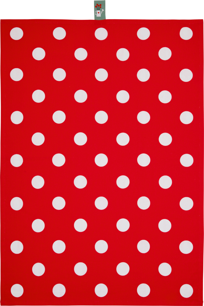 Rotes rechteckiges Tuch mit gleichmäßig verteilten weißen Punkten und einem kleinen grauen Etikett zum Aufhängen.