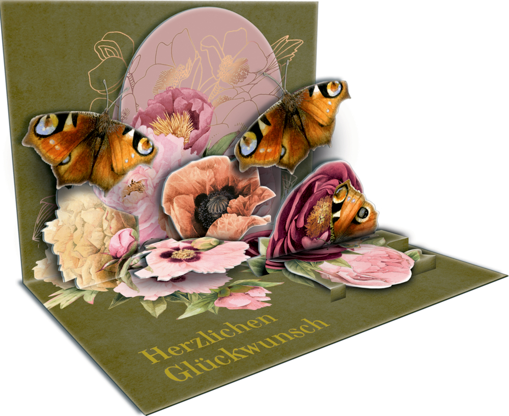Pop-up-Karte mit Blumen, Schmetterlingen und dem Gruß „Herzlichen Glückwunsch“.