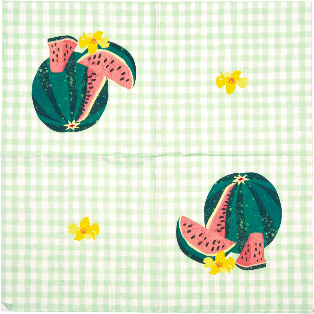 Grün karierte Serviette mit Abbildungen von Wassermelonen und gelben Blumen in jeder Ecke.