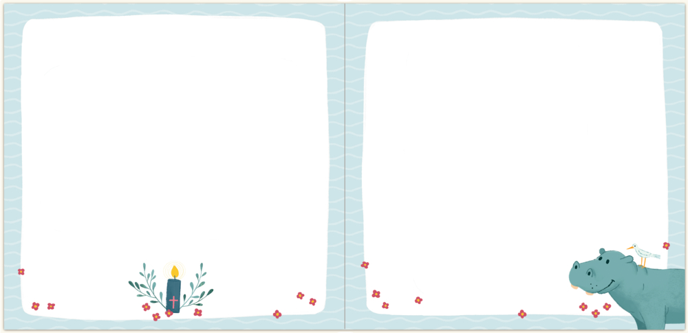 Aufgeschlagene Seite: Hellblauer Rahmen mit roten Blumen, Kerze links, Nilpferd mit Vogel rechts.