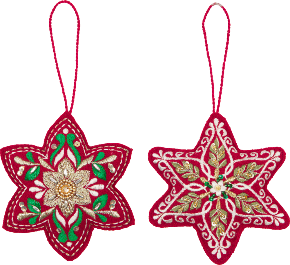 Glamour-Anhänger - Dekorative Weihnachten Ein Paar rote Sternornamente mit goldener, grüner und weißer Stickerei, jeweils mit einer Aufhängeschlaufe.