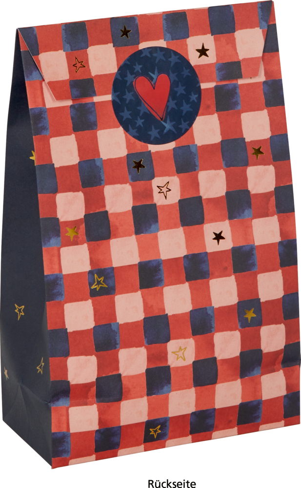 Geschenktüte mit rot-blauem Karomuster, goldenen Sternen und einem Herz in einem blauen Kreis.