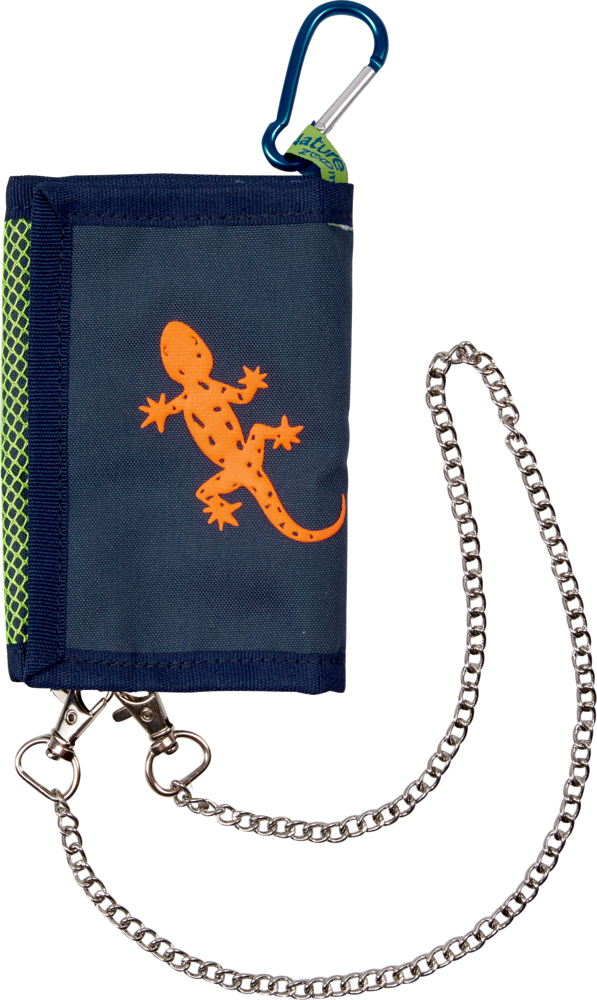 Portmonee (mit Kette+Karabiner) Nature Zoom Blaue Geldbörse mit orangefarbenem Eidechsendesign, Metallkette und befestigtem blauen Karabiner.