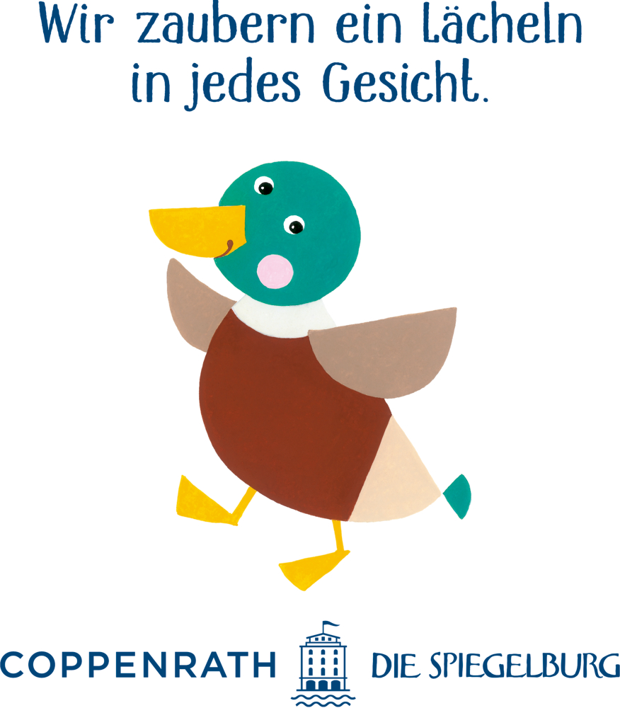 Lächelnde Cartoon-Ente mit ausgebreiteten Flügeln unter deutschem Text und Verlagslogos.