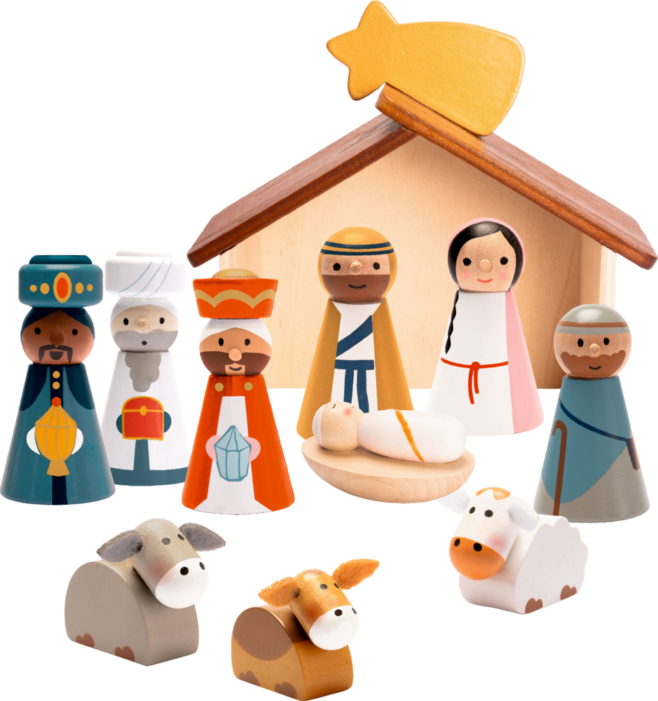 Holz-Krippenset mit Figuren von Maria, Josef, dem Kind, die Heiligen Drei Könige, Hirte, Ochse, Esel, Schaf und Stall mit Sternschnuppe.