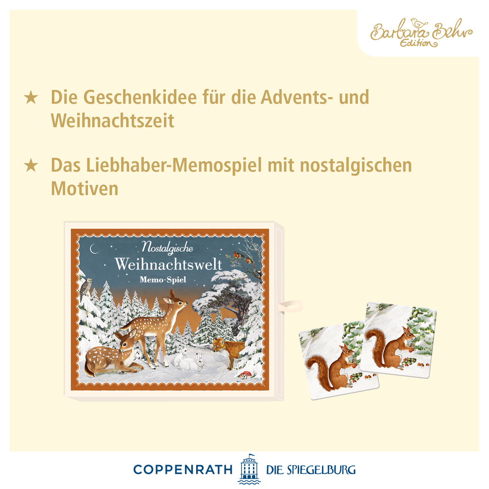 Memo-Spielbox mit nostalgischen Wintertieren, zwei Karten sichtbar; Geschenkidee zu Weihnachten.