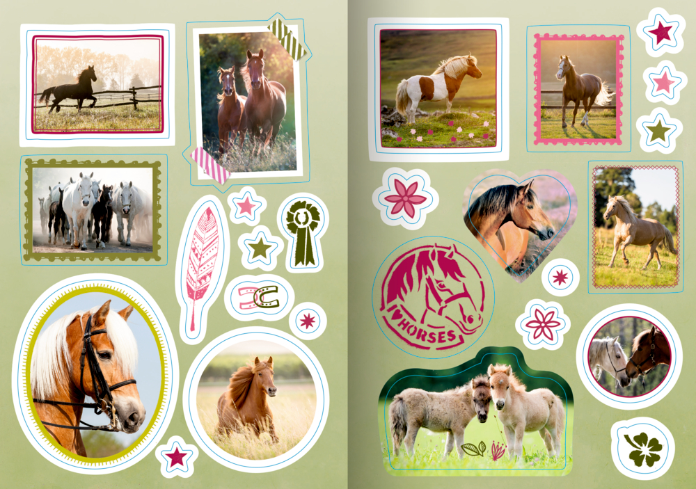 Fotocollage mit Pferden und Ponys und dekorativen Aufklebern: Sterne, Blumen, Federn und Pferdesymbole.