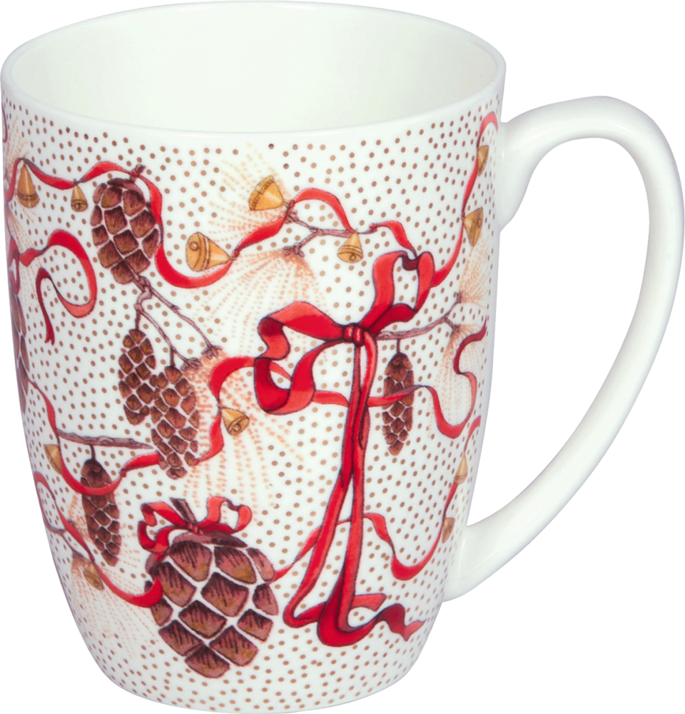 Weiße Tasse mit rotem Schleifenmuster, goldenen Glöckchen und braunen Tannenzapfen auf gold gepunktetem Untergrund.