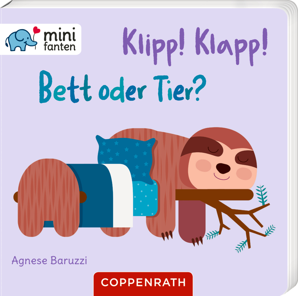 minifanten 45: Klipp! Klapp! Bett oder Tier? Auf einem Buchcover ist ein Faultier abgebildet, das auf einem Ast neben einem Bett mit Kissen und Decke schläft.