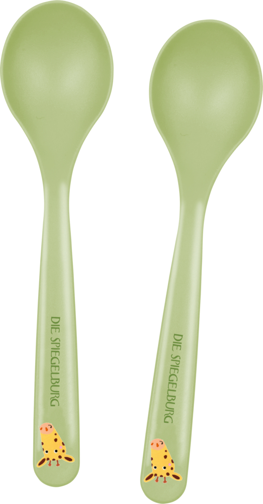 Löffel 2er-Set Giraffe - Freche Rasselbande Zwei hellgrüne Löffel mit gelb und orange gepunkteten Fischmotiven schmücken die Griffe.