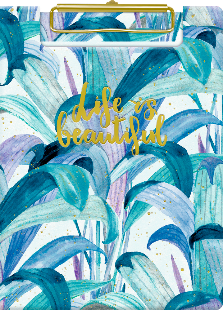 Klemmbrett-Set DIN A5 - All about blue Klemmbrett verziert mit blauen Aquarellblättern und goldenem Text: „Das Leben ist schön.