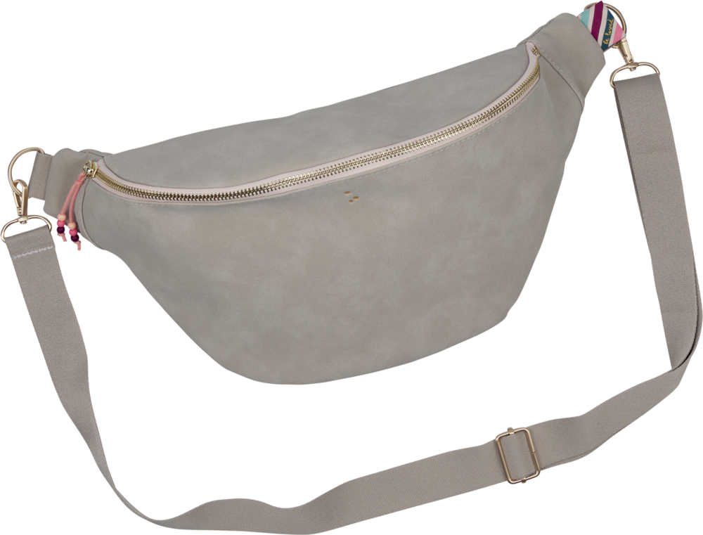Hellgraue Umhängegürteltasche mit goldenem Reißverschluss und verstellbarem Riemen, auf weißem Hintergrund.