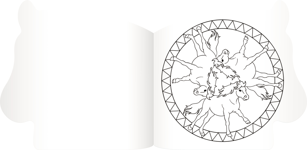 Schwarz-weiße Zeichnung, drei Pferde im Kreis angeordnet, umgeben von dekorativem Rand.