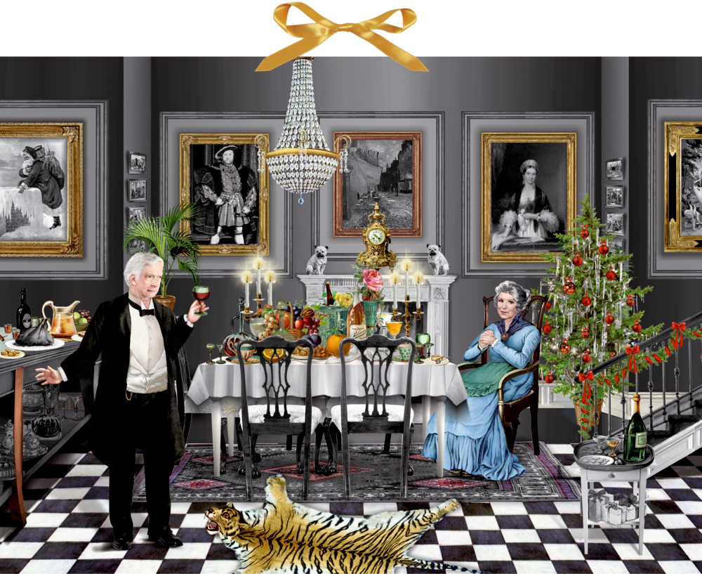 Christmas Dinner for One, Zettel-Adventskalender mit 31 Türchen(B.Behr) Viktorianisches Esszimmer mit James und Miss Sophie, festlich gedecktem Tisch, Weihnachtsbaum und Tigerteppich.