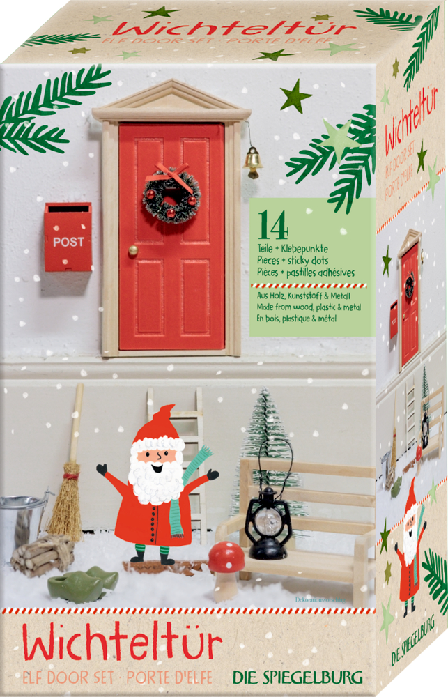 Box mit 14-teiligem roten Wichteltür-Set, Wichtel-Illustration und Weihnachtsdekoration.
