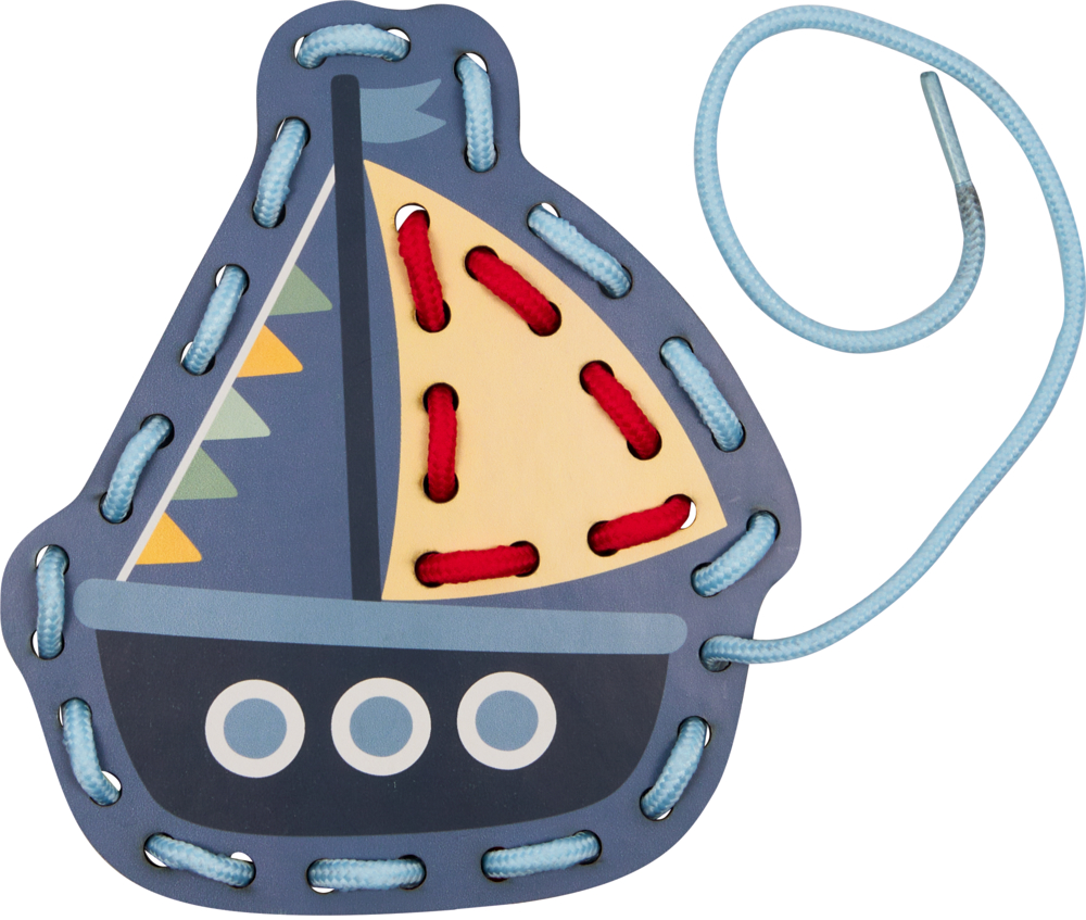 Spielzeug-Segelboot-Schnürbrett mit buntem Segel und blauem Faden, der um die Kanten und das Segel gezogen ist.