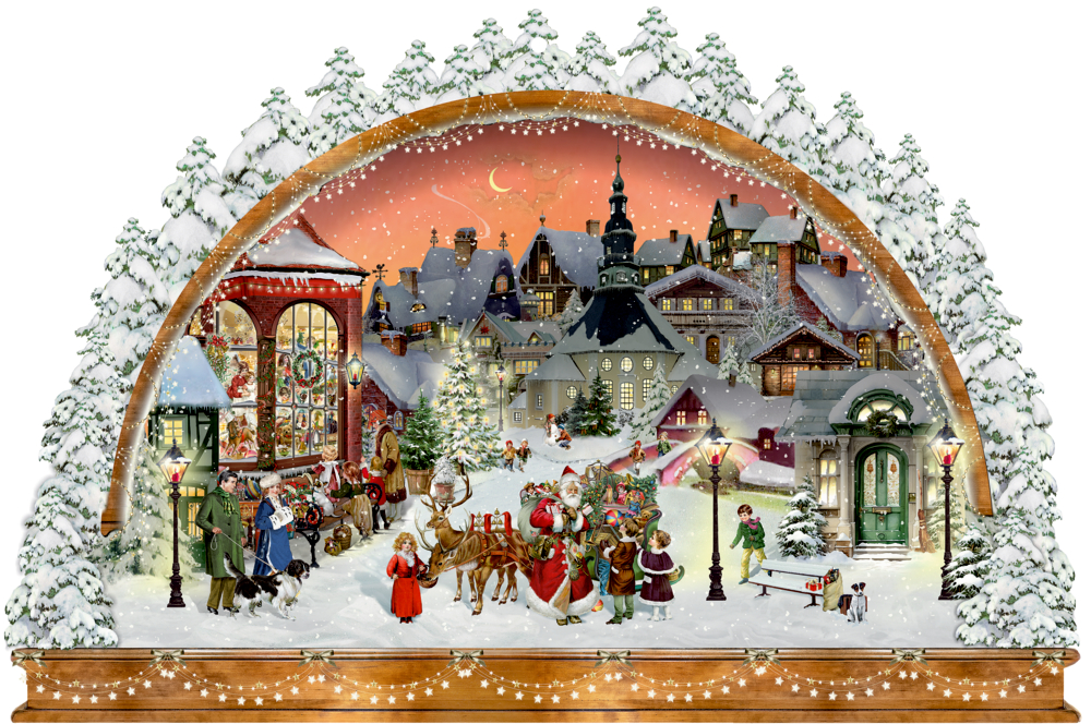 Winterliches Dorf mit verschneiten Häusern, beleuchteten Fenstern, Kindern im Schnee und Weihnachtsmann mit Rentierschlitten.