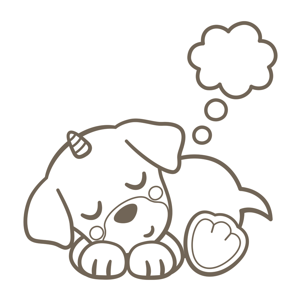 Welpe mit Einhorn-Horn schläft. Über dem Kopf ist eine Gedankenblase. Einfache Linienzeichnung.
