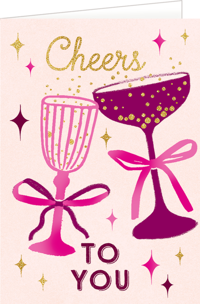 Zwei rosa und lilafarbene Sektgläser mit Schleifen und goldenen Punkten, darüber der Text „Cheers to you“.