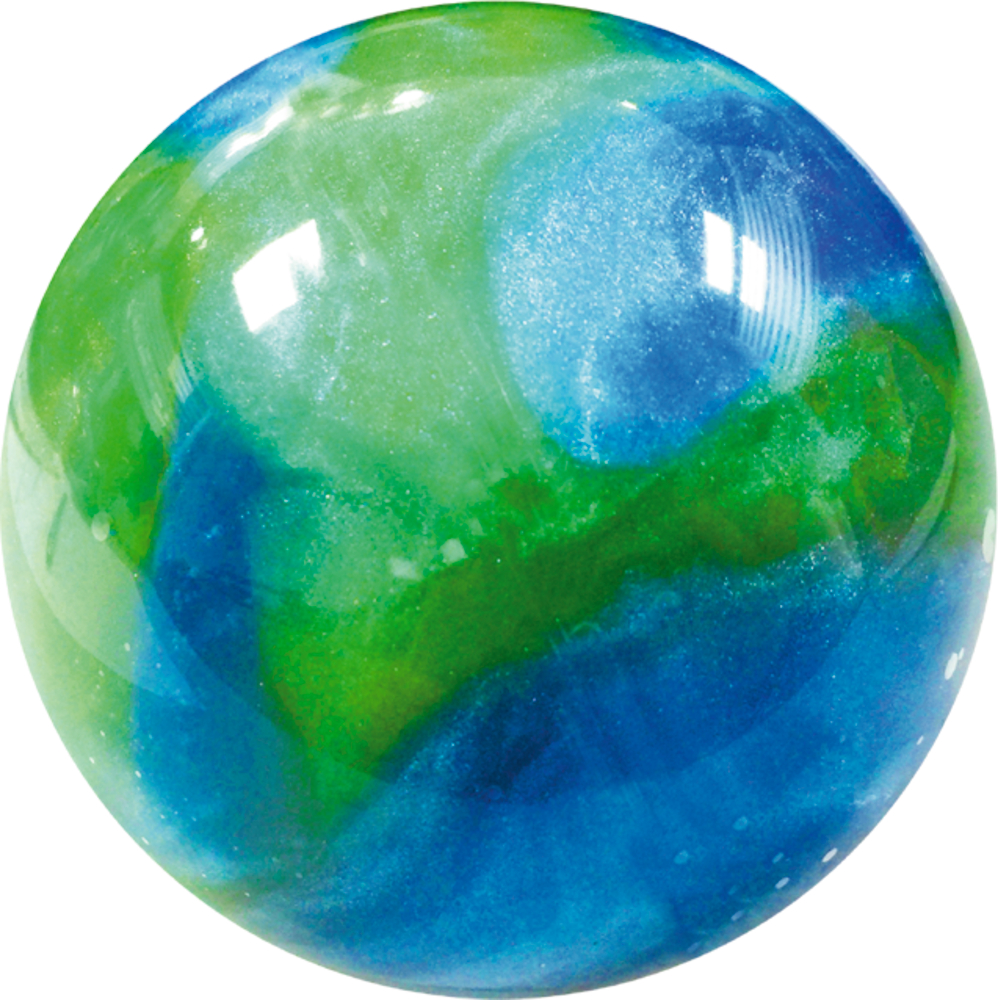 Eine glänzende blau-grüne Kugel mit weißen Reflexen und einem spiralförmigen Muster.