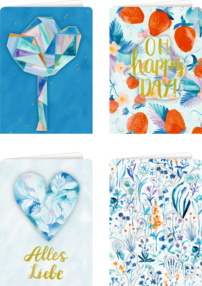 Grußkarte mit Kuvert - All about blue Vier Karten mit blauen Herz- oder Naturmotiven und fröhlichen Botschaften.