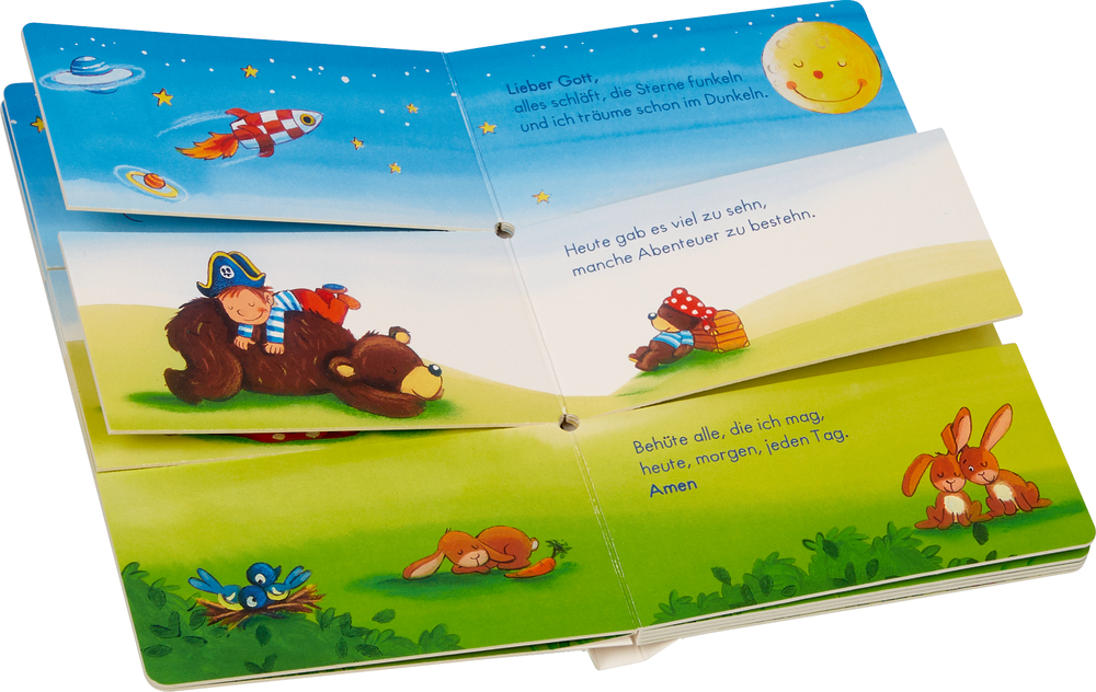 Ein lebendiges Kinderbuch mit Klappen, Tier- und Raketenillustrationen und Text auf den aufgeschlagenen Seiten.
