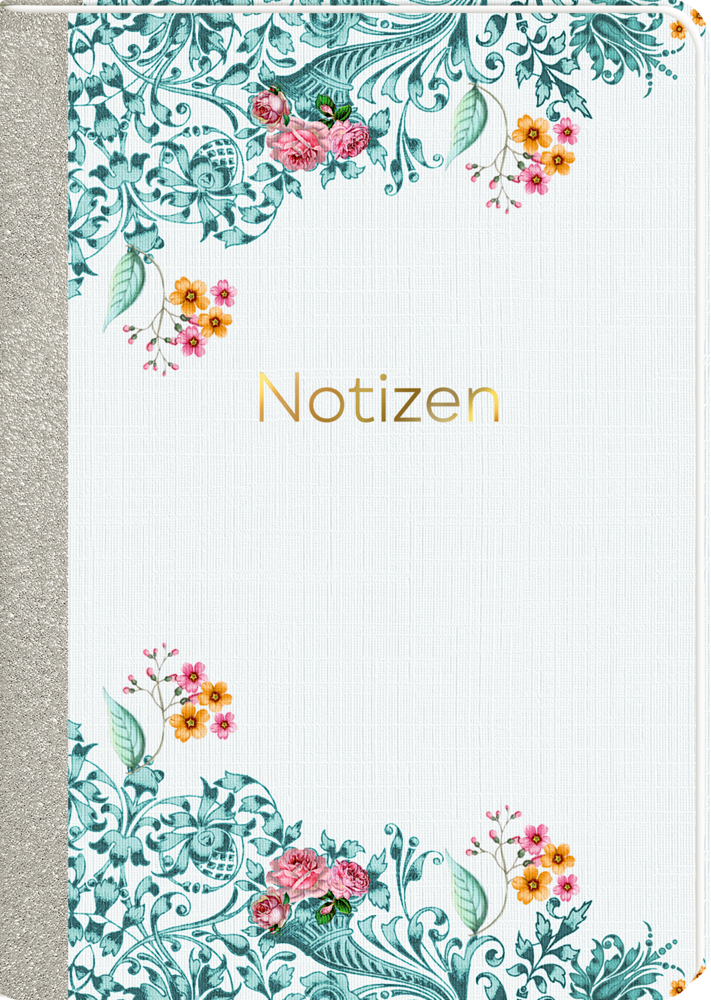 Notizbuchcover mit Notizen in Gold, floralen Mustern und strukturiertem silbernen Buchrücken.